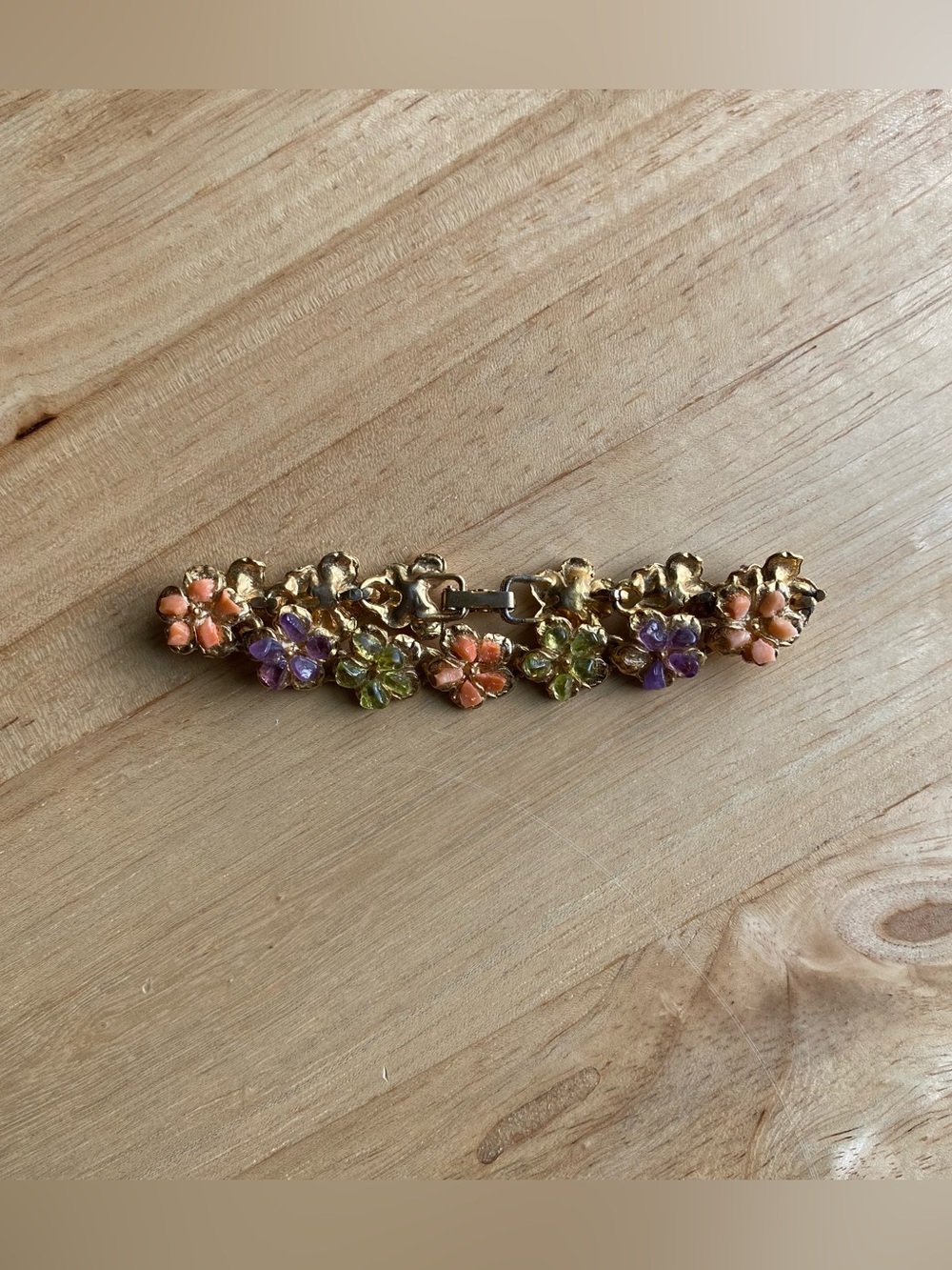 Vintage Brass gold flower bracelet with pastel gemstones